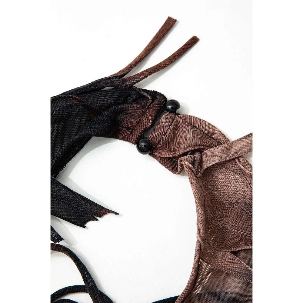 Micas Edgy Sheer Distressed Halter Mini Dress Backless Sexy Brown Black Mesh M‎